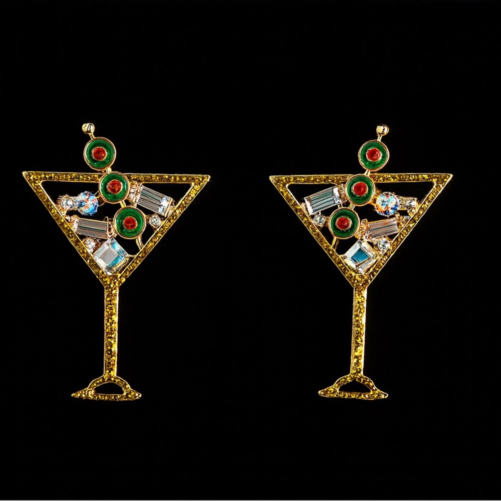 Martini Glass Post Earrings with Crystals, Glass in Gold🍸✨NWOT - Picture 3 of 6